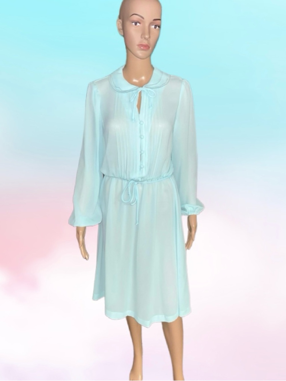 Themes ~ Size 12 ~ Vintage (1970’s) ~ USA Union Made ~ Blue  ~ Satin Sheer Dress
